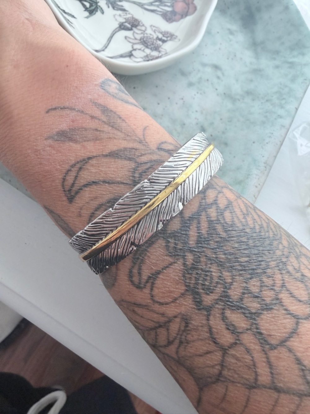 Silver and Gold Colored Metal Feather Cuff Bracelet with Gold Accent - Picture 3 of 3